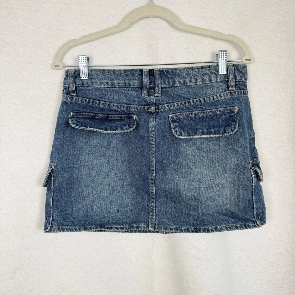 YMI Denim Mini Skirt Womens 7/28 Cargo Utility Pockets Medium Wash Blue